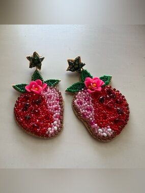 Beaded Strawberry Statement Earrings - Red, Pink, Green